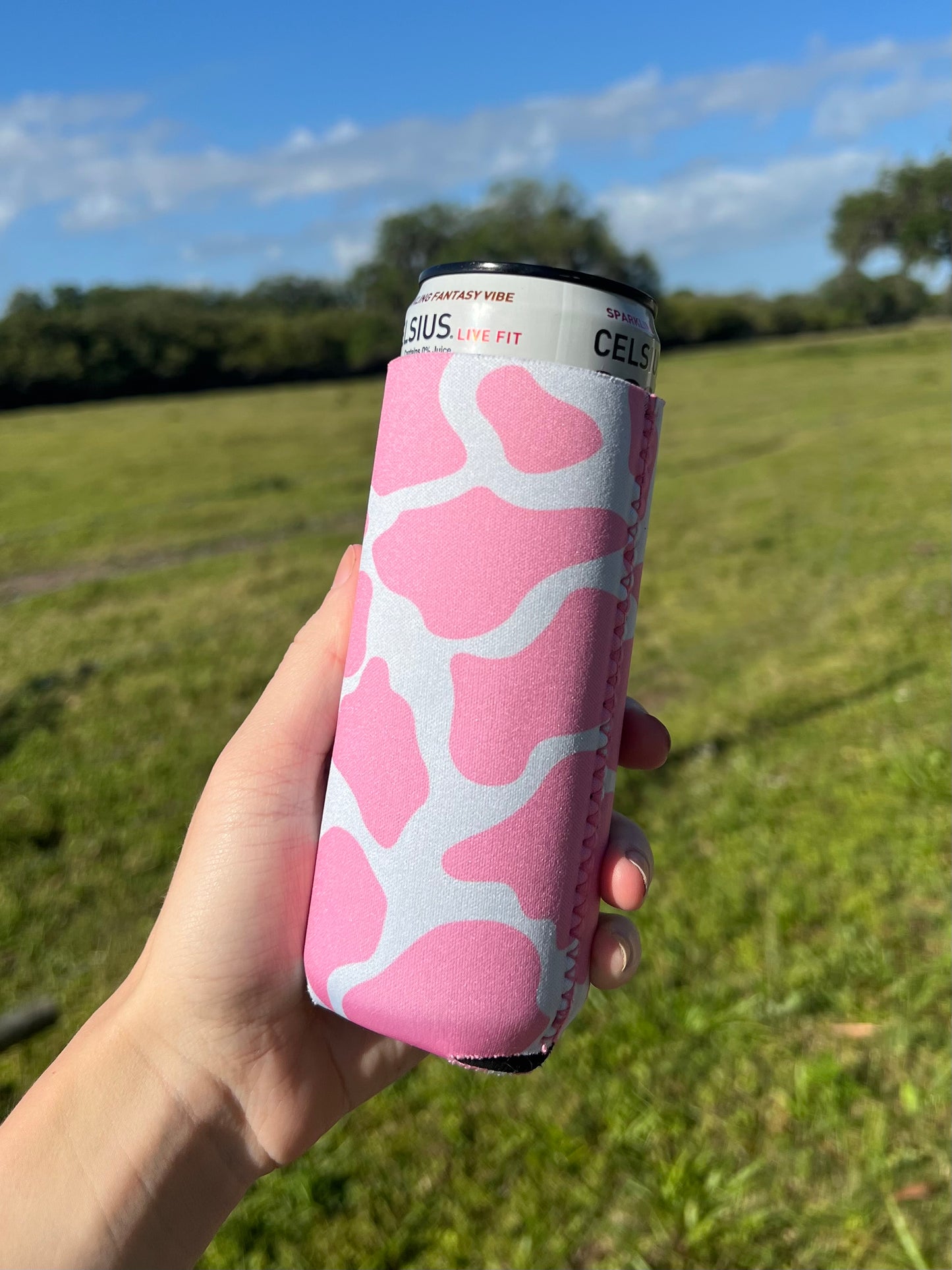 Pink Cow Print Tall Koozie